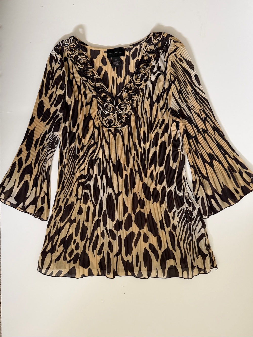 Investments Beige and Black Animal-Print V-Neck Pleated Blouse